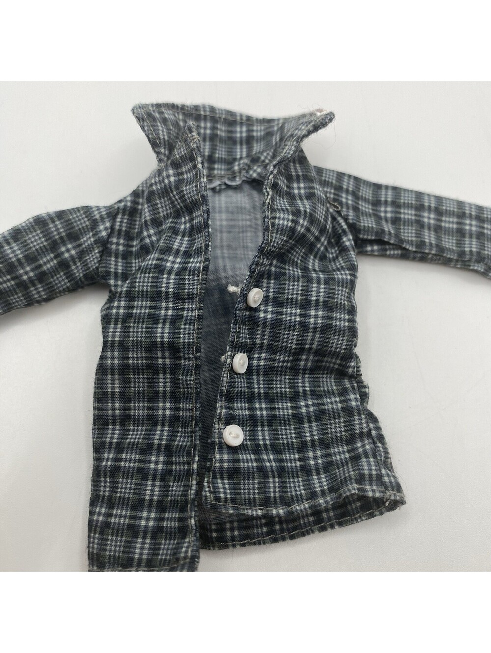 Barbie Doll Size Blue Grey Plaid Long Sleeve Button Up Shirt B2